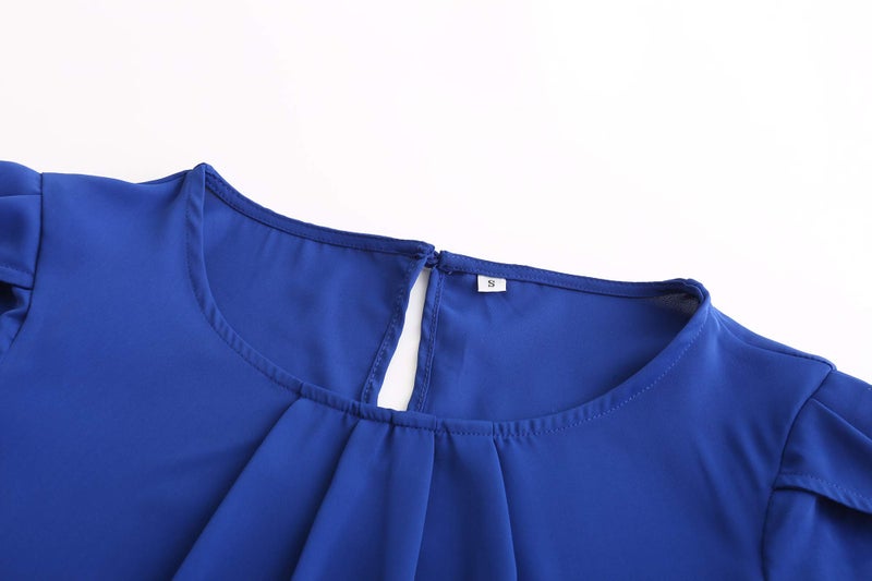 TASAMO Women Chiffon Blouse Round Neck Short Sleeve Top Shirts (Medium, Royal Blue) - Image 3